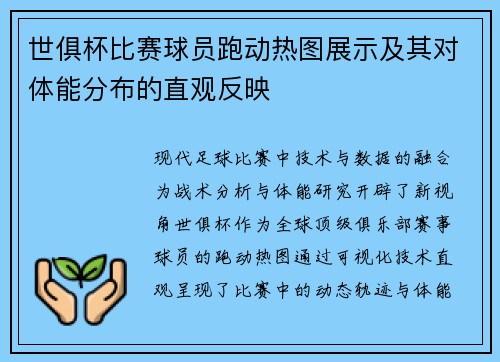 世俱杯比赛球员跑动热图展示及其对体能分布的直观反映
