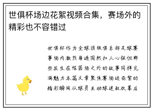 世俱杯场边花絮视频合集，赛场外的精彩也不容错过