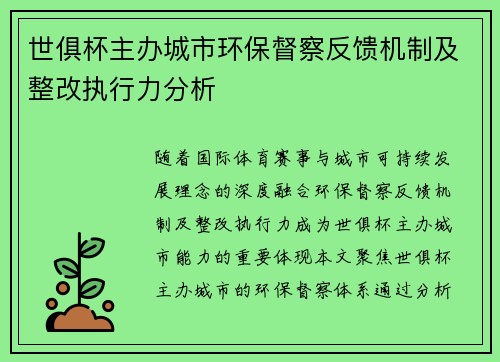 世俱杯主办城市环保督察反馈机制及整改执行力分析